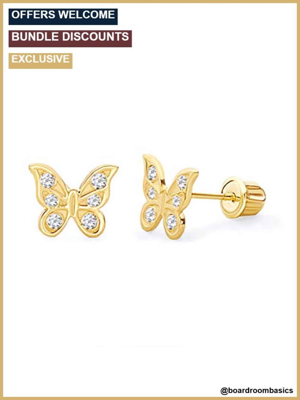 14k Real Yellow Gold Butterfly Stud Earrings with Screw Back Safety Clutch